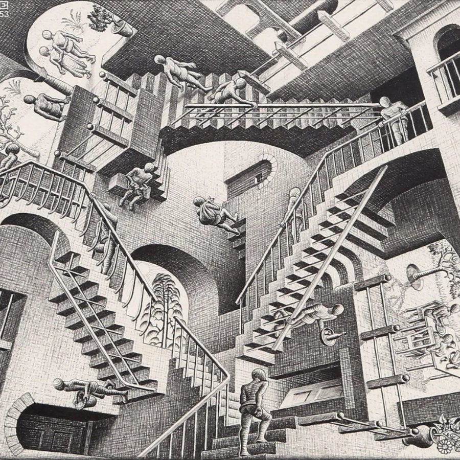 Incisione in bianco e nero di M.C. Escher, Relatività (1953): scale e pianerottoli si intersecano su piani orientati in direzioni diverse, con figure che camminano ciascuna secondo la propria idea di alto e basso.